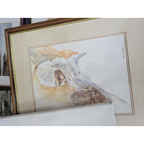 39 - Paintings and prints and other examples to include a textile example by Ann Sutton along with other ... 