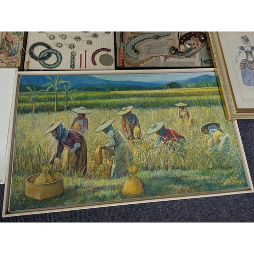 39 - Paintings and prints and other examples to include a textile example by Ann Sutton along with other ... 