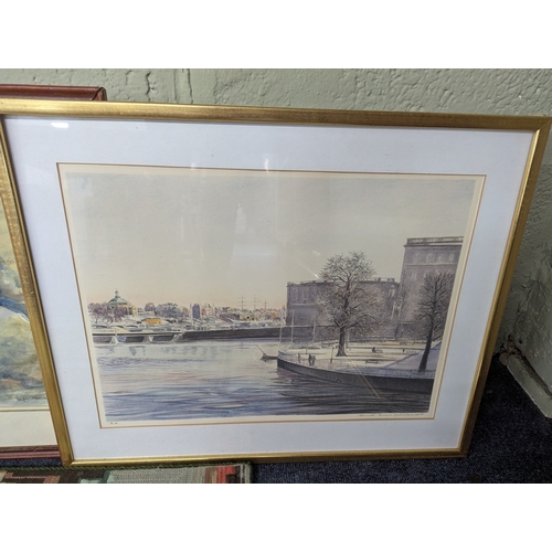 39 - Paintings and prints and other examples to include a textile example by Ann Sutton along with other ... 