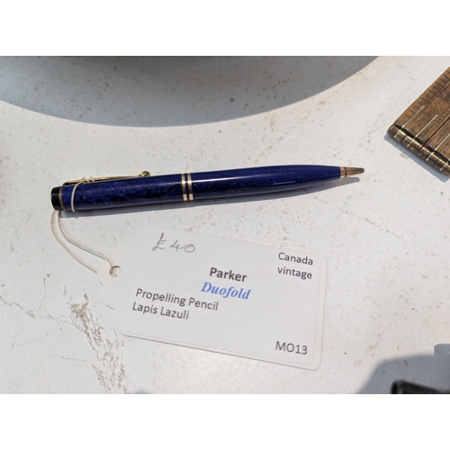 47 - Mixed collectables to include a Parker Duofold lapis lazuli  propelling pencil, Rathbone folding yar... 