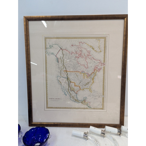 54 - A mixed lot to include a 19th century engraving of North America, together with three modern light f... 