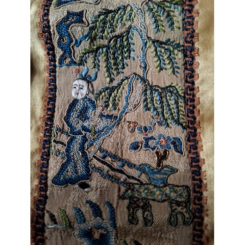 46 - Three late 19th/early 20th Century Chinese embroidered silk panels, two housed in one frame, all dep... 