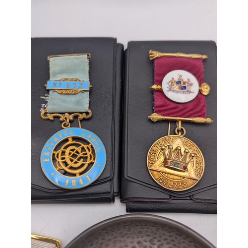 10 - Masonic regalia to include a collection of silver and metal jewels comprising of a Masonic charity j... 