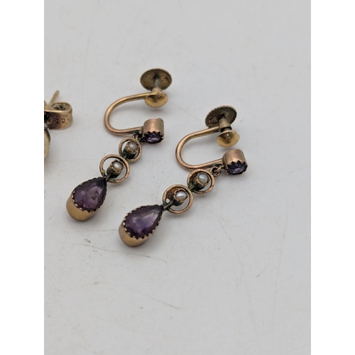 11 - A pair of Victorian 9ct yellow gold amethyst and seed pearl screw back drop earrings 1.8g together w... 