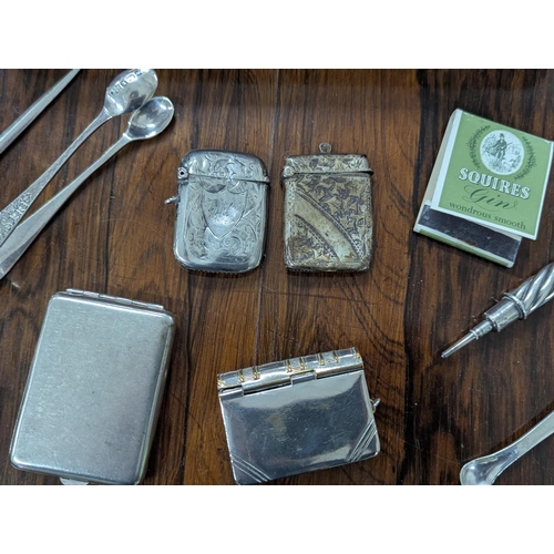 29 - Silver and silver plated items to include two silver vesta case, both having floral engraved decorat... 