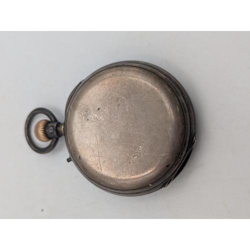 4 - A Victorian silver cased open faced keyless pocket watch having Roman numerals to the dial, gilt met... 