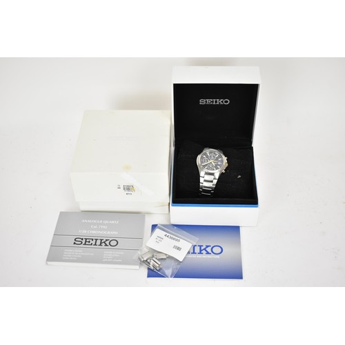 3 - A Seiko chronograph, quartz, gents, stainless steel wristwatch, having a black dial, luminous marker... 