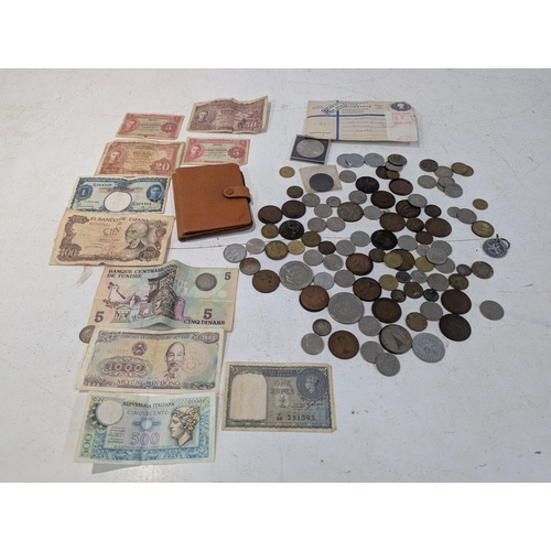 12 - World coinage and banknotes to include France, Britain and others, Malaya 5-cents banknotes and othe... 