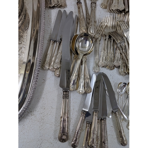 33 - Silver plated and E.P.N.S. items to include assorted flatware and cutlery, a large tray stand fashio... 