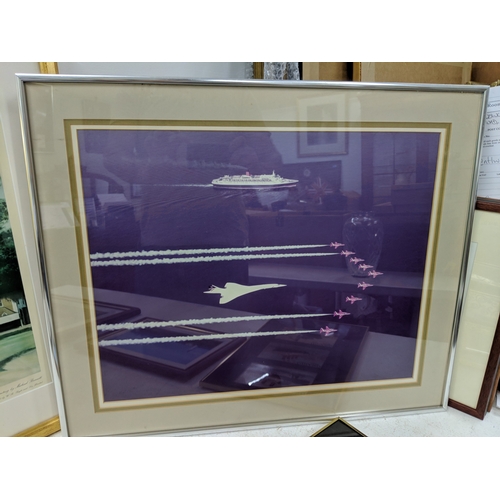 34 - Mixed prints to include a Concorde with Red Arrows, a lighthouse, Tower Bridge with HMY Britannia an... 