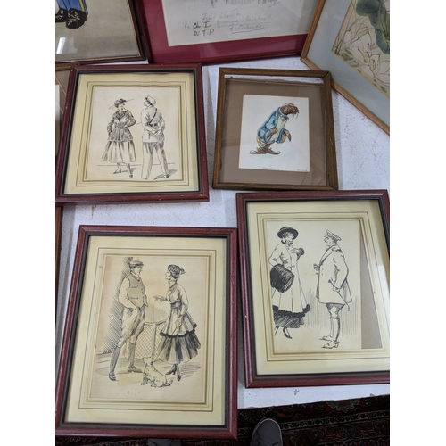 42 - A mixed lot of pictures to include sketches, an Oriental style print, a watercolour of an exotic flo... 