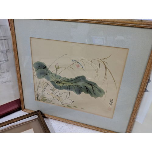 42 - A mixed lot of pictures to include sketches, an Oriental style print, a watercolour of an exotic flo... 