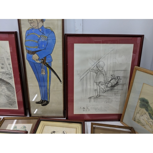 42 - A mixed lot of pictures to include sketches, an Oriental style print, a watercolour of an exotic flo... 
