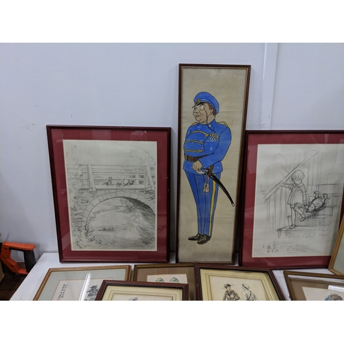 42 - A mixed lot of pictures to include sketches, an Oriental style print, a watercolour of an exotic flo... 