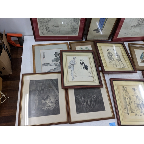 42 - A mixed lot of pictures to include sketches, an Oriental style print, a watercolour of an exotic flo... 