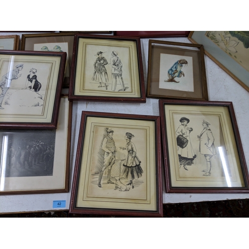 42 - A mixed lot of pictures to include sketches, an Oriental style print, a watercolour of an exotic flo... 