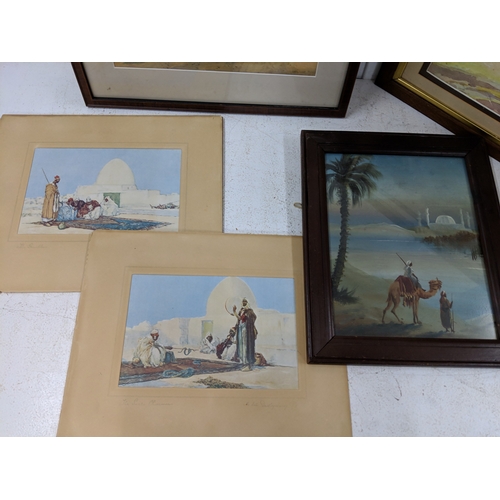 43 - Four Middle Eastern scenes, two watercolours framed and glazed and two others, also to include a wat... 