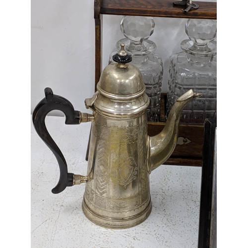 45 - Silver plated items to include a cased set of coffee spoons, along with sugar tongs, a coffee pot, t... 