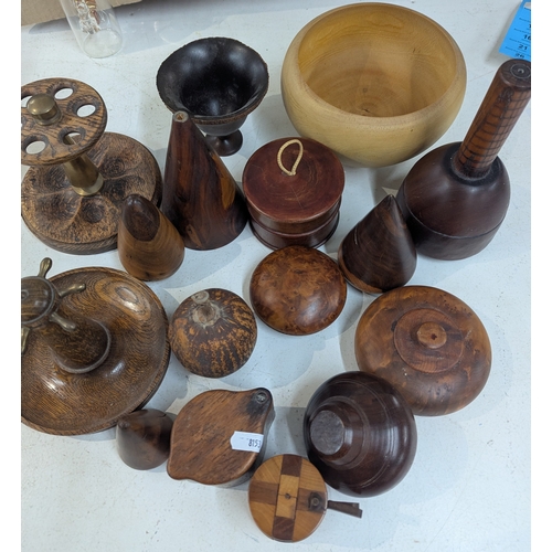 5 - Treen items to include two smoking pipe holders, a vintage wooden barrel puzzle, along with other it... 