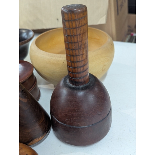 5 - Treen items to include two smoking pipe holders, a vintage wooden barrel puzzle, along with other it... 