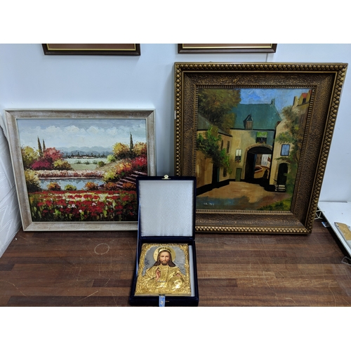 53 - Two oils on canvas, one depicting a small European town scene indistinctly signed to bottom left han... 