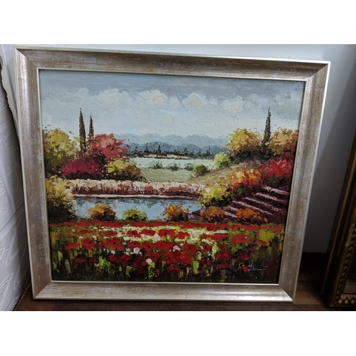 53 - Two oils on canvas, one depicting a small European town scene indistinctly signed to bottom left han... 