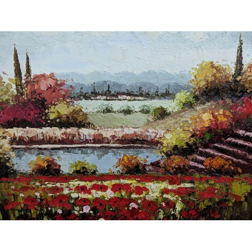 53 - Two oils on canvas, one depicting a small European town scene indistinctly signed to bottom left han... 