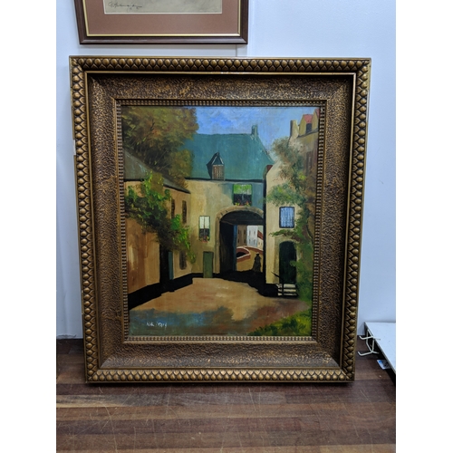 53 - Two oils on canvas, one depicting a small European town scene indistinctly signed to bottom left han... 