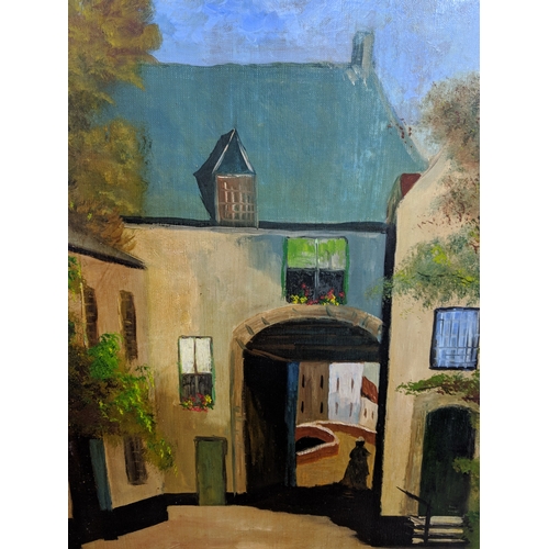 53 - Two oils on canvas, one depicting a small European town scene indistinctly signed to bottom left han... 