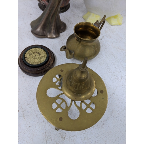 55 - Metalware to include a brass fireside companion set, a Middle Eastern pot, a composition Art Nouveau... 