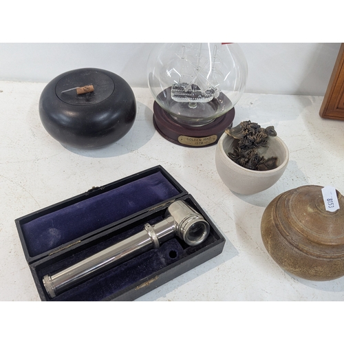 8 - A mixed group of collectables to include a Japanese hand mirror, an aneroid barometer, ostrich egg a... 