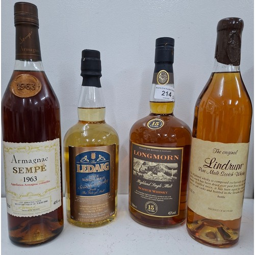 A bottle of 1963 Sempe Armagnac, a bottle of The Ledaig Single Malt Scotch whisky, a bottle of Longmorn Highland Single Malt Scotch whisky and a bottle of The Original Lindrum Pure Malt Scotch whisky. Location:
If there is no condition report, please request