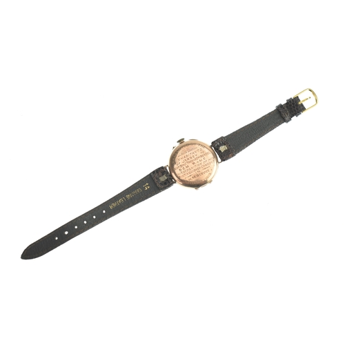 1 - WW1 military interest: An early 20th century 9ct gold gents trench wristwatch, having a white enamel... 