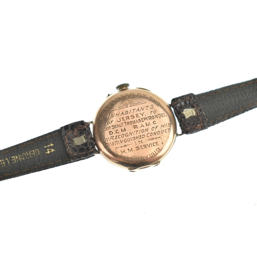 1 - WW1 military interest: An early 20th century 9ct gold gents trench wristwatch, having a white enamel... 