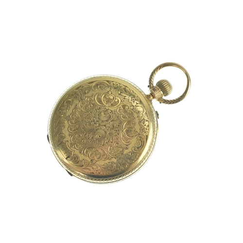 14 - A late Victorian 18ct gold open face pocket watch, the white enamel dial having Roman numerals, the ... 