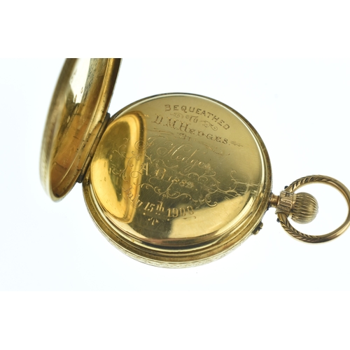14 - A late Victorian 18ct gold open face pocket watch, the white enamel dial having Roman numerals, the ... 