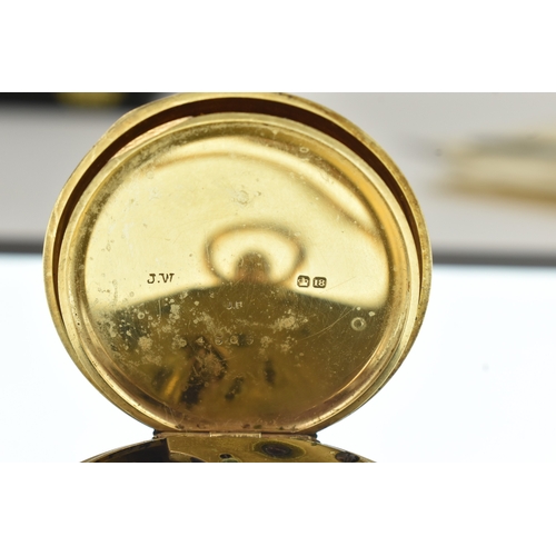 14 - A late Victorian 18ct gold open face pocket watch, the white enamel dial having Roman numerals, the ... 