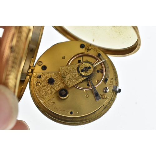 17 - A late Victorian 18ct gold open face pocket watch, the dial having a floral centre, black Roman nume... 