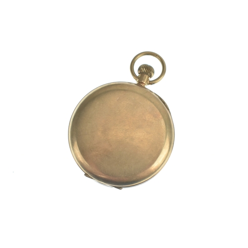 19 - An early 20th century 9ct gold open face keyless wound pocket watch, having a white enamel dial with... 