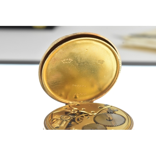 19 - An early 20th century 9ct gold open face keyless wound pocket watch, having a white enamel dial with... 