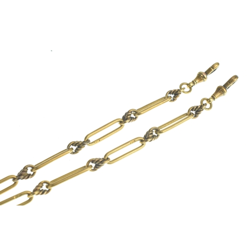 20 - An early 20th century 18ct gold long link and knot link Albert pocket watch chain, composed of alter... 