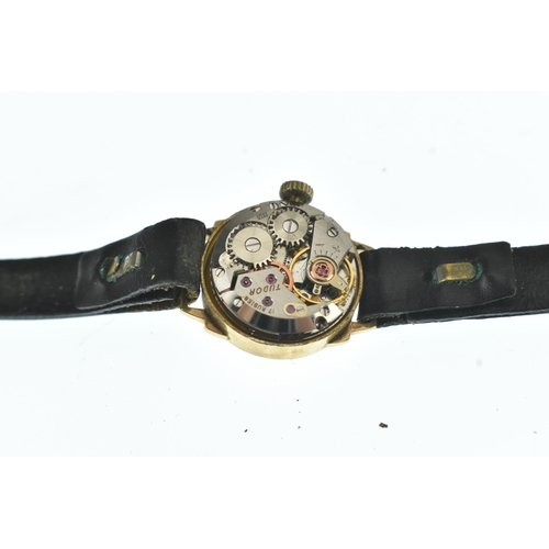 22 - A Tudor 9ct gold ladies manual wind wristwatch, the silvered dial having gilt baton markers, on a la... 