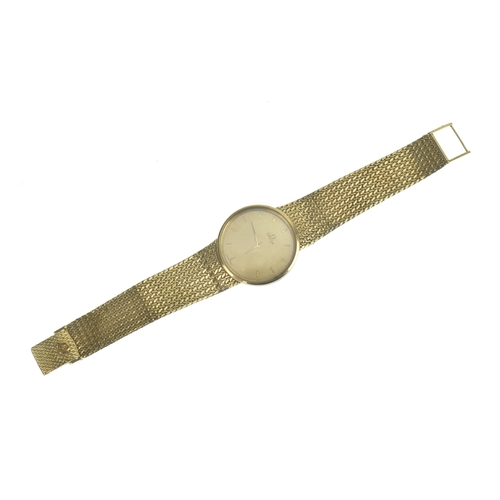 24 - An Omega 9ct gold, gents, quartz wristwatch, the gilt dial having baton markers, the case back numbe... 