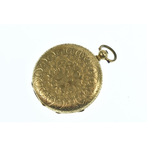 41 - A late Victorian 18ct gold ladies fob watch, the engine turned gilt dial decorated with a floral des... 