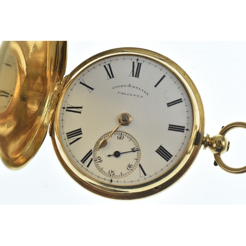 53 - A 19th century 18ct gold full hunter pocket watch, the white enamel dial signed 'Cooke & Kelvey, Cal... 