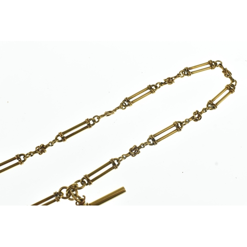 54 - A late 19th/early 20th century yellow gold twin bar and knotted link pocket watch chain, unmarked, t... 