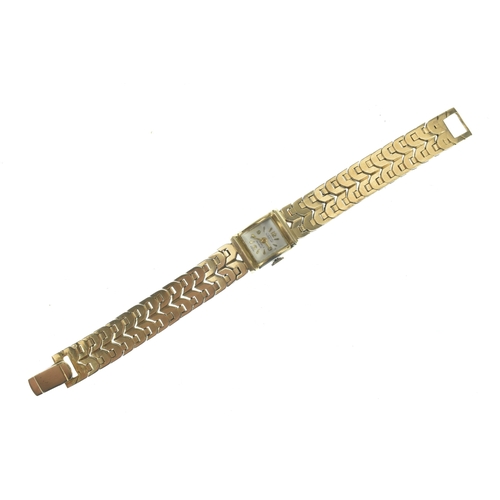 55 - An Aureole 14ct yellow gold ladies manual wind wristwatch, the square dial having baton markers and ... 
