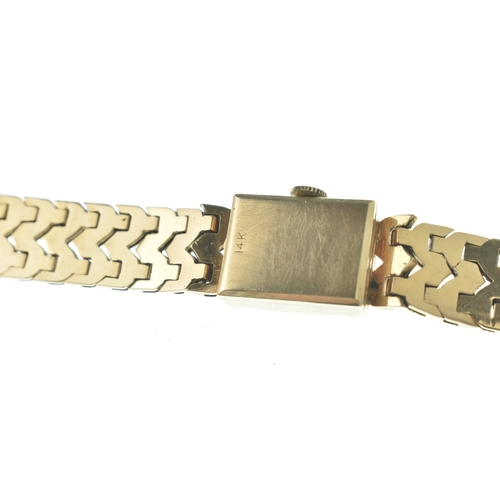 55 - An Aureole 14ct yellow gold ladies manual wind wristwatch, the square dial having baton markers and ... 