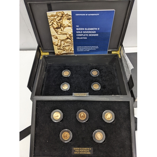 The Queen Elizabeth II nine gold sovereign complete design collection, a complete set of designs that have appeared on the British gold sovereign during the reign of Her Majesty Queen Elizabeth to include all five portraits and all four commemorative reverse designs, dated 1957, 1981, 1993, 2001, 2015, 1989, 2002, 2005 and 2012
Location:
If there is no condition report shown, please request