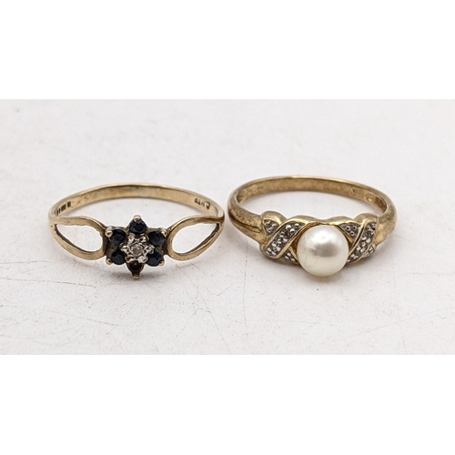 Two 9ct gold rings to include a diamond and blue stone cluster ring, one stone missing, size O, and a pearl and diamond dress ring, size M1/2, 3.2g
Location:R1
If there is no condition report shown, please request
